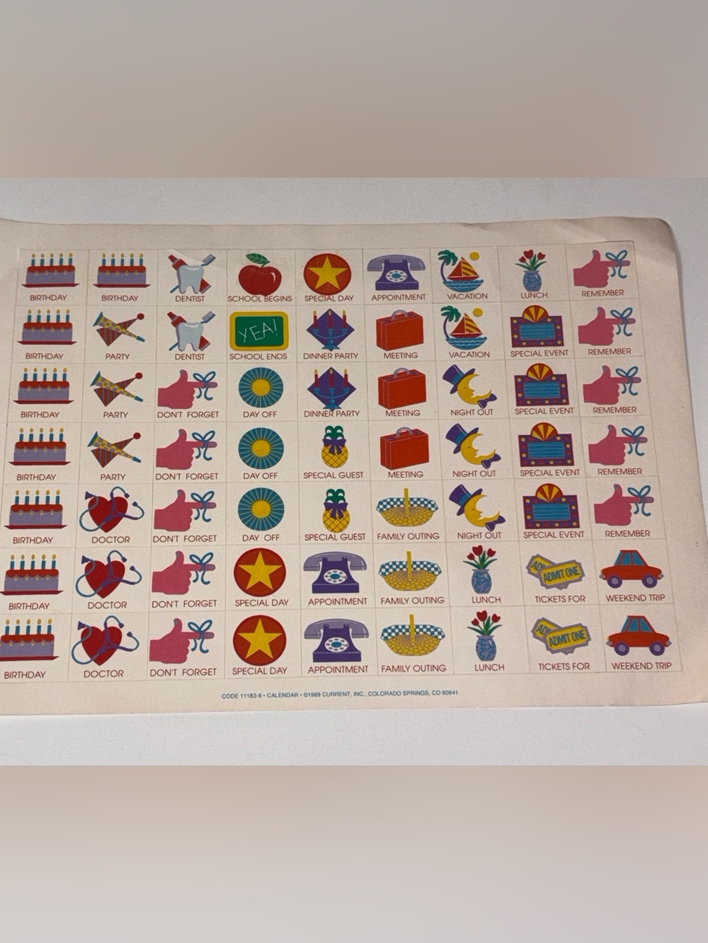 Current Calender Stickers 1989 Vintage Kids Calendar Stickers 80s Icons